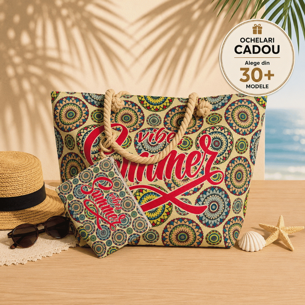 Geanta de Plaja cu Portfard Inclus, 55 x 37 cm - Model Mosaic Green